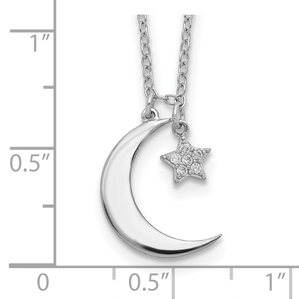 Sterling Silver Rhodium-Plated CZ Star and Moon w/ 2in Ext. Necklace QG5683-16