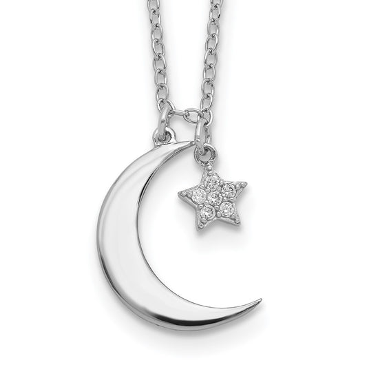 Sterling Silver Rhodium-Plated CZ Star and Moon w/ 2in Ext. Necklace QG5683-16