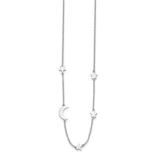 Sterling Silver Rhodium-Plated Stars and Moon w/ 2in Ext. Necklace QG5684-16