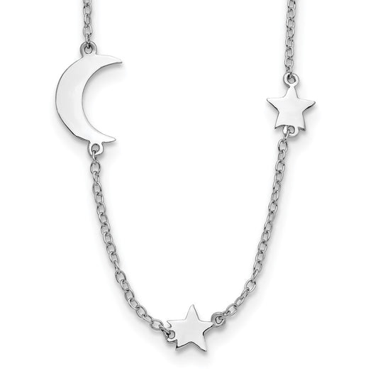 Sterling Silver Rhodium-Plated Stars and Moon w/ 2in Ext. Necklace QG5684-16