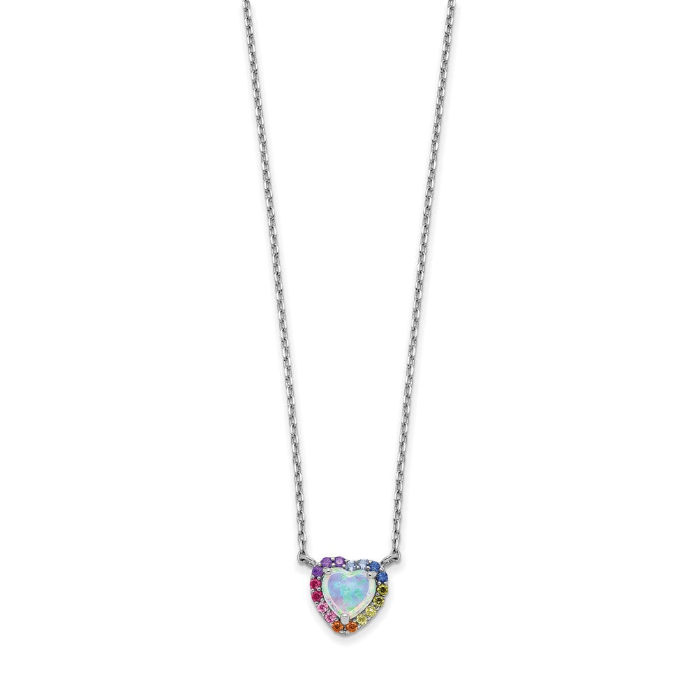Sterling Silver Rhodium-plated 16 inch Lab Created Opal and Colorful CZ Heart Necklace with 2 inch Extender QG5701-16