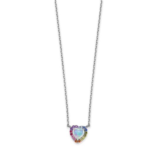 Sterling Silver Rhodium-plated 16 inch Lab Created Opal and Colorful CZ Heart Necklace with 2 inch Extender QG5701-16