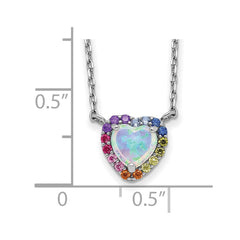 Sterling Silver Rhodium-plated 16 inch Lab Created Opal and Colorful CZ Heart Necklace with 2 inch Extender QG5701-16