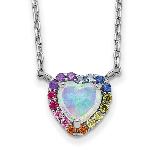Sterling Silver Rhodium-plated 16 inch Lab Created Opal and Colorful CZ Heart Necklace with 2 inch Extender QG5701-16