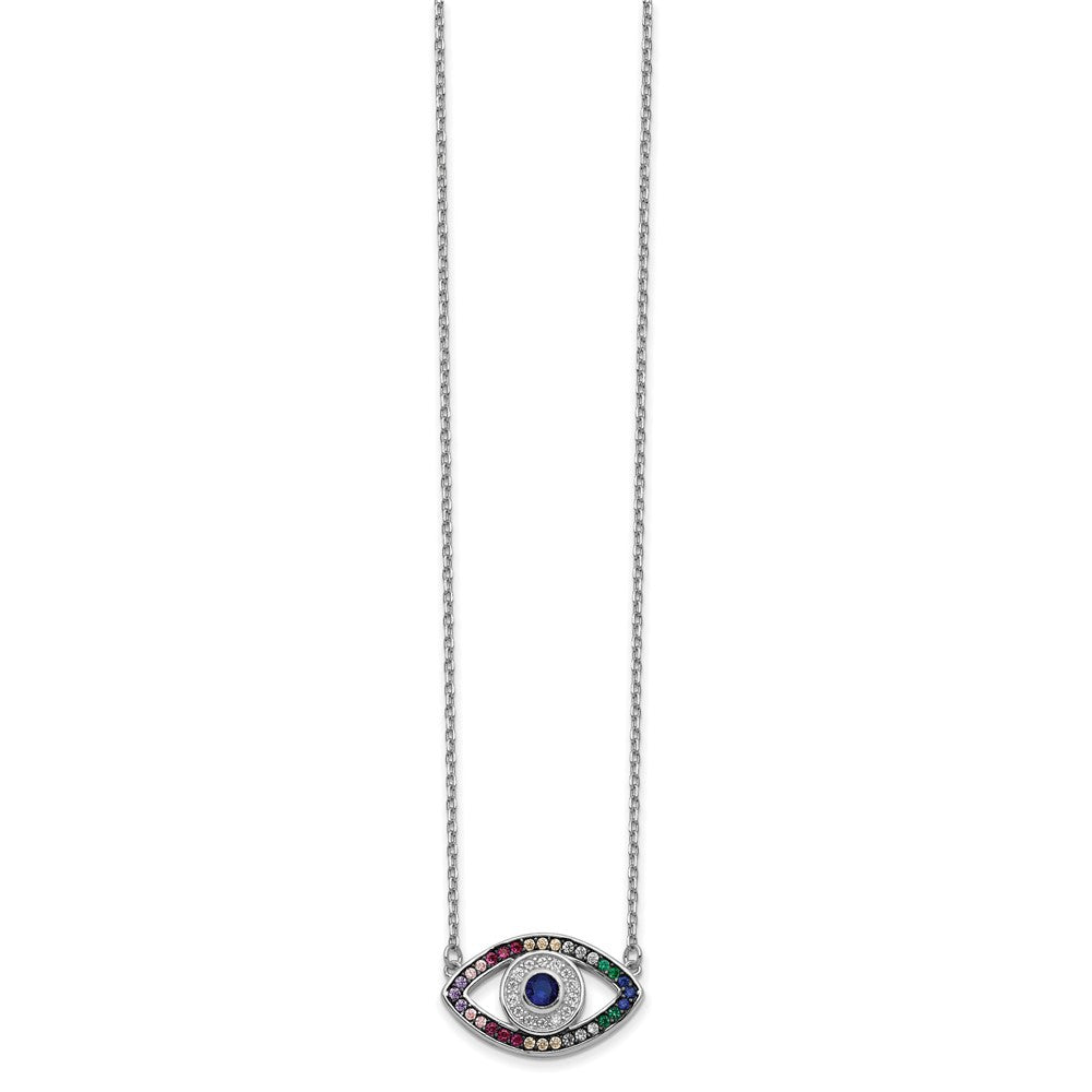 Prizma Sterling Silver Rhodium-plated 16 inch Colorful CZ Evil Eye Necklace with 2 inch Extender QG5703-16