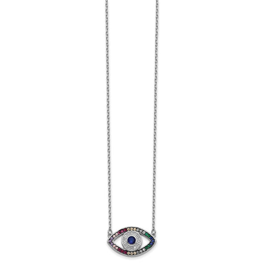 Prizma Sterling Silver Rhodium-plated 16 inch Colorful CZ Evil Eye Necklace with 2 inch Extender QG5703-16