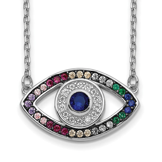 Prizma Sterling Silver Rhodium-plated 16 inch Colorful CZ Evil Eye Necklace with 2 inch Extender QG5703-16