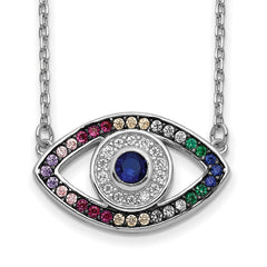 Prizma Sterling Silver Rhodium-plated 16 inch Colorful CZ Evil Eye Necklace with 2 inch Extender QG5703-16