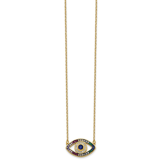 Prizma Sterling Silver Gold-tone 14K Flash Gold-plated 16 inch Colorful CZ Evil Eye Necklace with 2 inch Extender QG5703GP-16