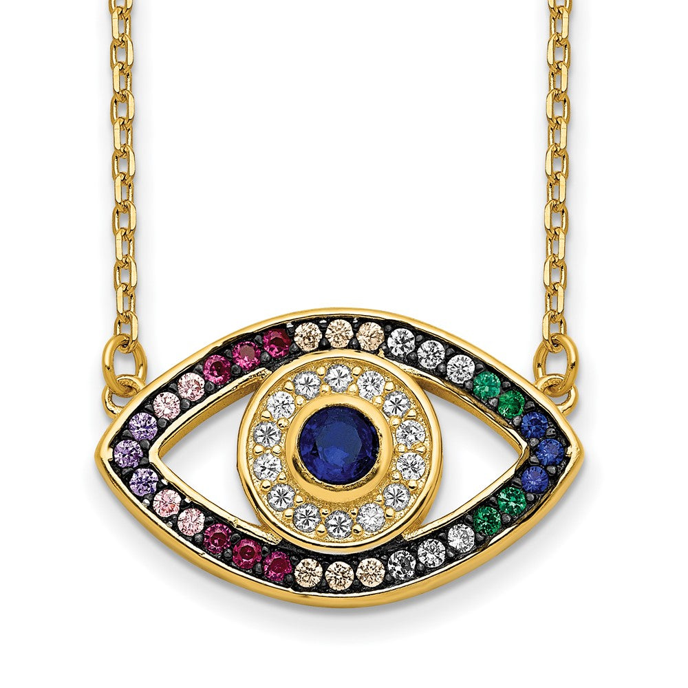 Prizma Sterling Silver Gold-tone 14K Flash Gold-plated 16 inch Colorful CZ Evil Eye Necklace with 2 inch Extender QG5703GP-16