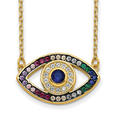 Prizma Sterling Silver Gold-tone 14K Flash Gold-plated 16 inch Colorful CZ Evil Eye Necklace with 2 inch Extender QG5703GP-16