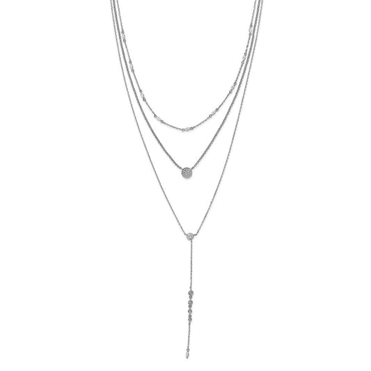 Sterling Shimmer Sterling Silver Rhodium-plated Adjustable up to 28 inches 61 Stone CZ 3 Strand Layer Y-Drop Necklace QG5716