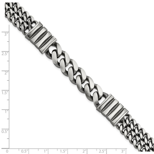 Sterling Silver Mens Antiqued Brush Double Curb Bracelet QG5743-8.5