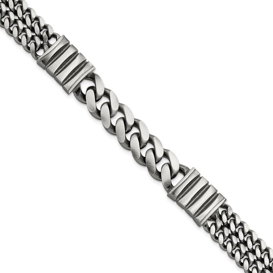 Sterling Silver Mens Antiqued Brush Double Curb Bracelet QG5743-8.5