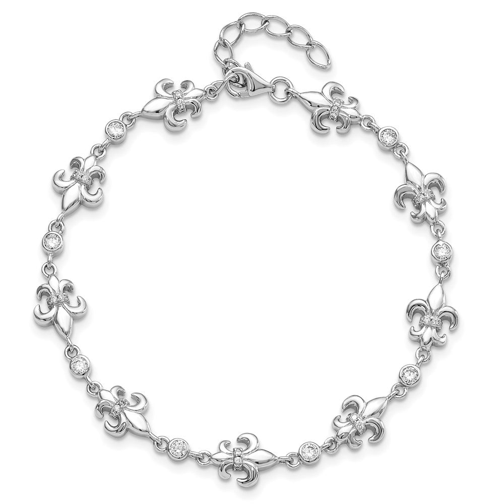 Sterling Silver Rhodium-plated CZ Fleur de Lis w/ 1in ext. Bracelet QG5797-7