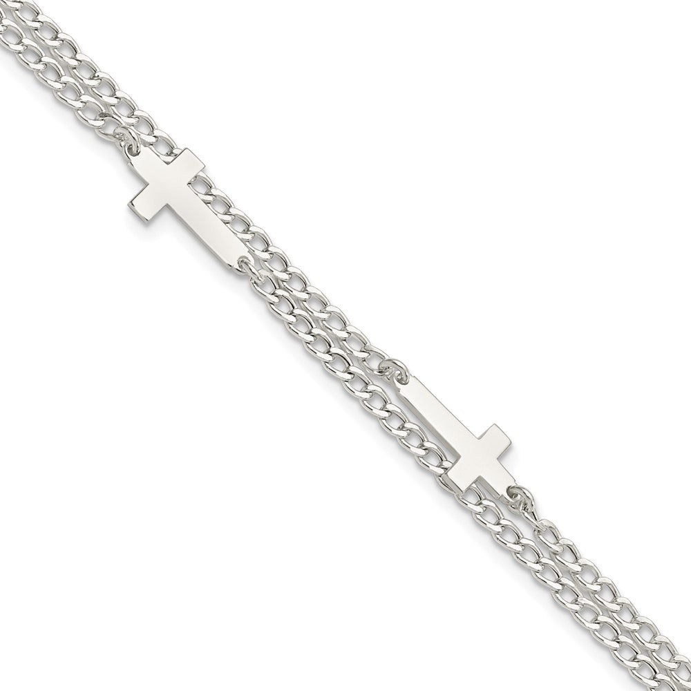 Sterling Silver Double Cross 2-Strand w/1in ext Bracelet QG5802-7