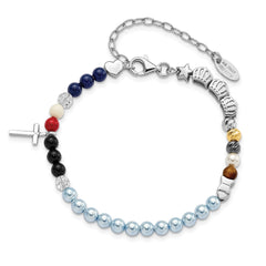 AMEN Sterling Silver Jesus' Story Multi Glass Pearl Onyx Agate Crystals Cross 6 Inch Fancy Lobster Clasp Bracelet with 2 inch Extender QG5803-6