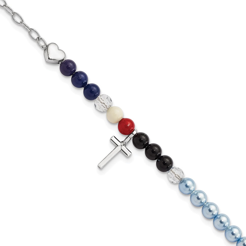 AMEN Sterling Silver Jesus' Story Multi Glass Pearl Onyx Agate Crystals Cross 6 Inch Fancy Lobster Clasp Bracelet with 2 inch Extender QG5803-6