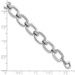 Sterling Silver Rhodium-plated Clear CZ and Polished Square Link 7.75 inch Bracelet QG5911-7.75