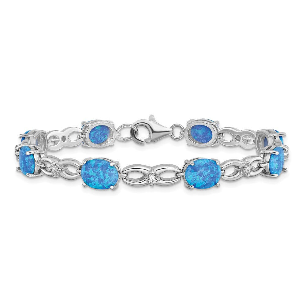 Sterling Silver Rhodium-plated Polished Blue Created Opal & CZ Bracelet QG5922-7.25