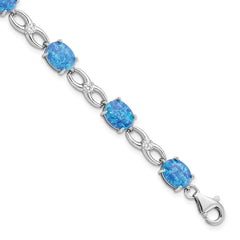 Sterling Silver Rhodium-plated Polished Blue Created Opal & CZ Bracelet QG5922-7.25