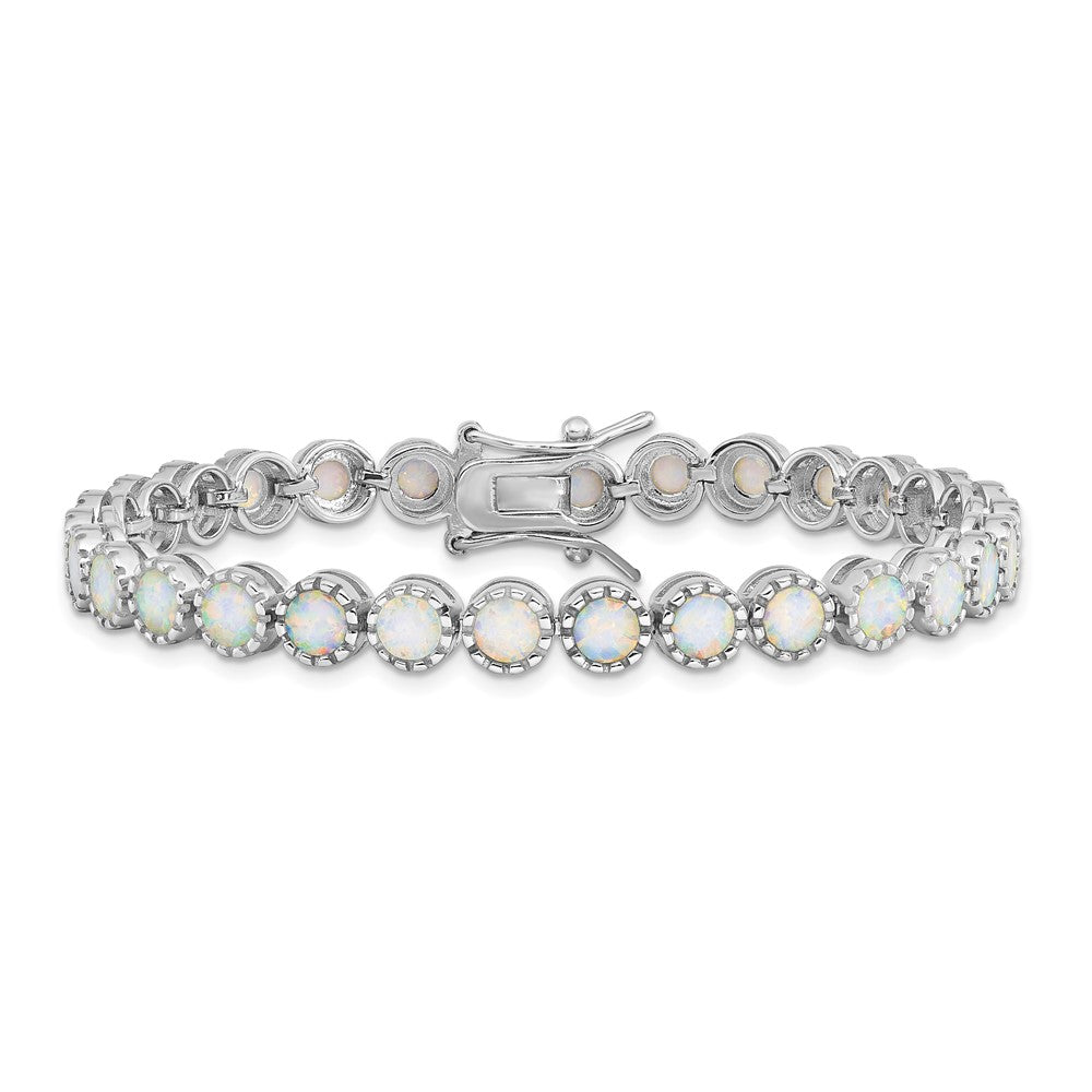 Sterling Silver Rhodium-plated Beaded White Created Opal Inlay Bracelet QG5925-7