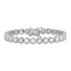 Sterling Silver Rhodium-plated Beaded White Created Opal Inlay Bracelet QG5925-7