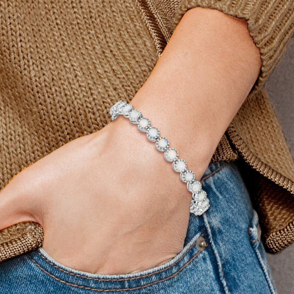 Sterling Silver Rhodium-plated Beaded White Created Opal Inlay Bracelet QG5925-7