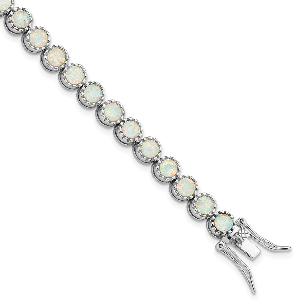 Sterling Silver Rhodium-plated Beaded White Created Opal Inlay Bracelet QG5925-7