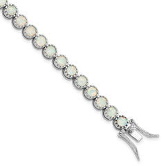 Sterling Silver Rhodium-plated Beaded White Created Opal Inlay Bracelet QG5925-7