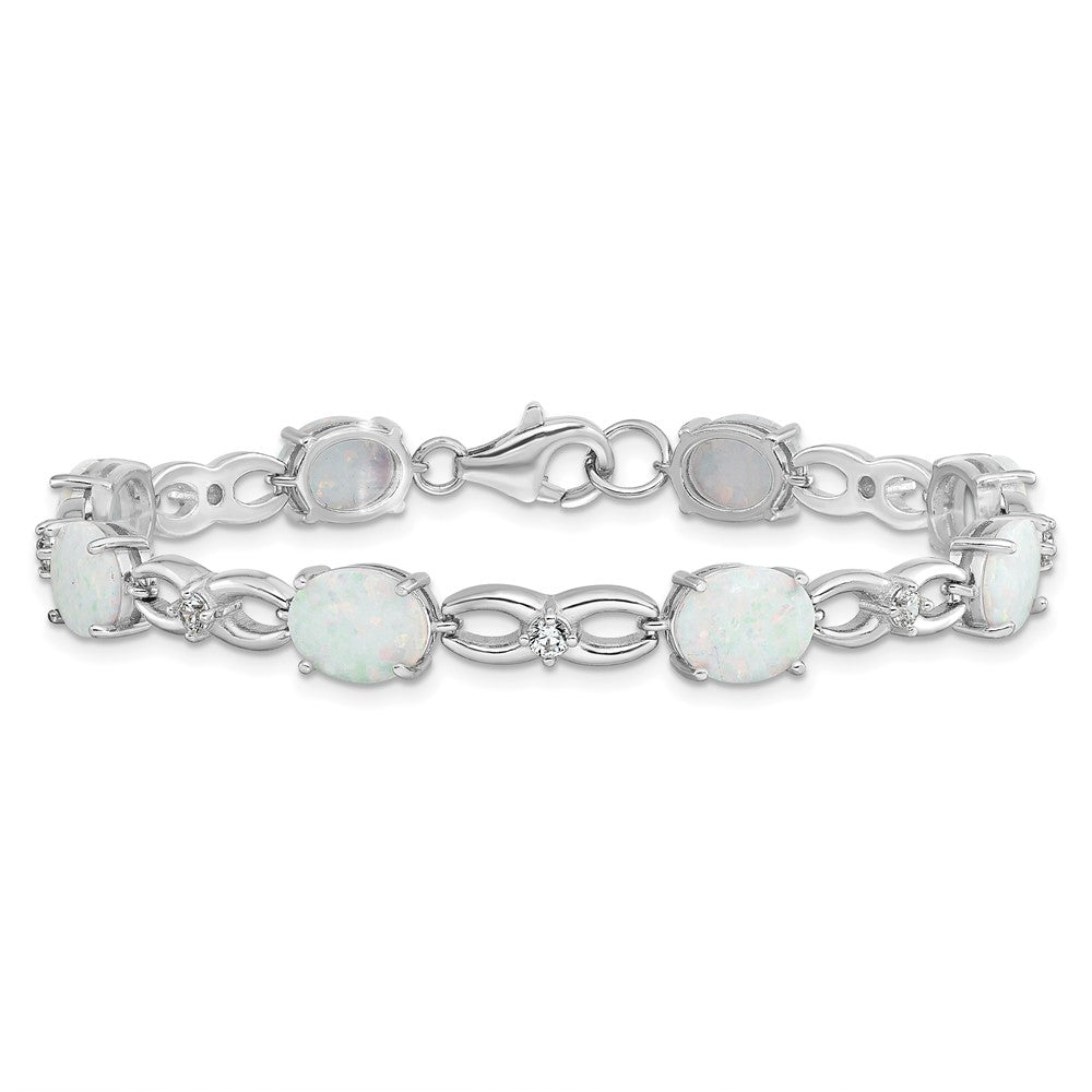 Sterling Silver Rhodium-plated Polished White Created Opal & CZ Bracelet QG5926-7.25