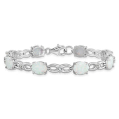Sterling Silver Rhodium-plated Polished White Created Opal & CZ Bracelet QG5926-7.25