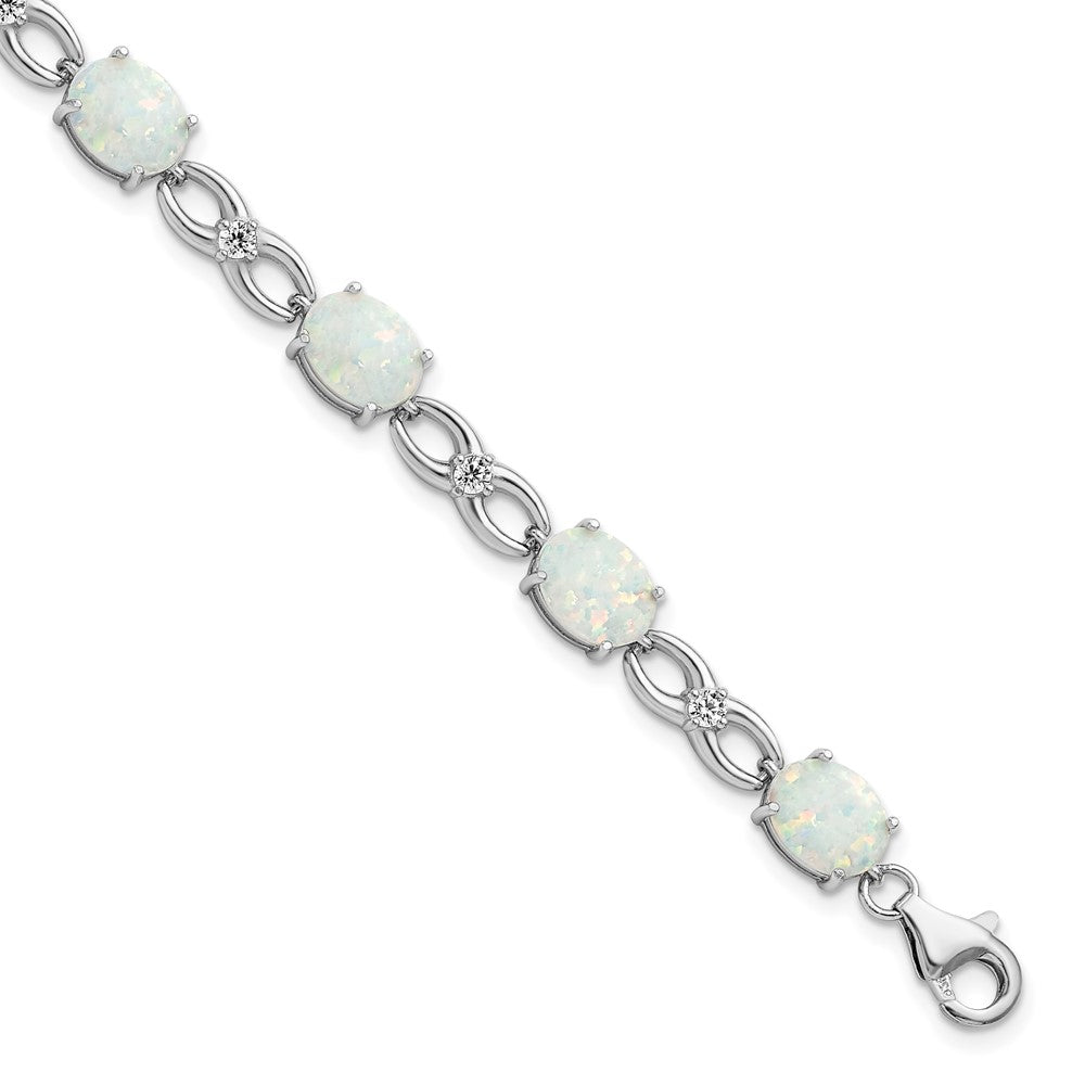 Sterling Silver Rhodium-plated Polished White Created Opal & CZ Bracelet QG5926-7.25