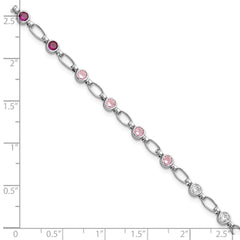 Sterling Silver Rhodium-plated Polished Red Pink Clear CZ Bracelet QG5938-7.25