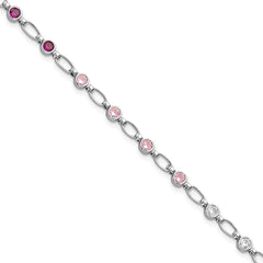Sterling Silver Rhodium-plated Polished Red Pink Clear CZ Bracelet QG5938-7.25