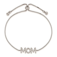 Sterling Silver Polished Rhodium-plated Pav������������������������������������������������������������������������������������������������������������������������������������������������������������������ CZ MOM Adjustable Bracelet QG5940