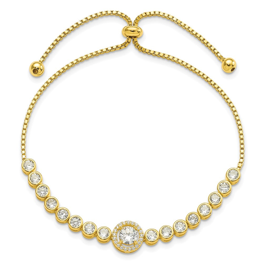 Sterling Silver Gold-tone Bezel Set CZ & CZ Halo Adjustable Bracelet QG5946