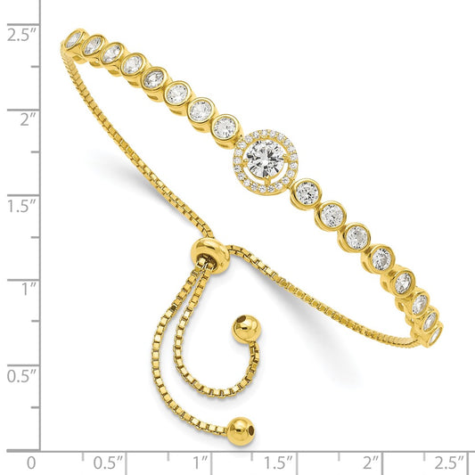 Sterling Silver Gold-tone Bezel Set CZ & CZ Halo Adjustable Bracelet QG5946