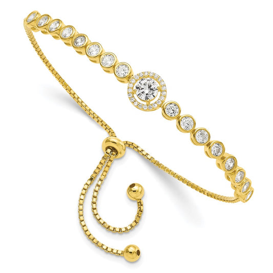 Sterling Silver Gold-tone Bezel Set CZ & CZ Halo Adjustable Bracelet QG5946