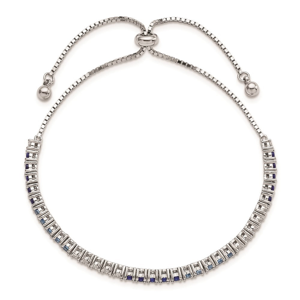 Sterling Silver Rhodium Created Blue Spinel & CZ Adjustable Bracelet QG5950