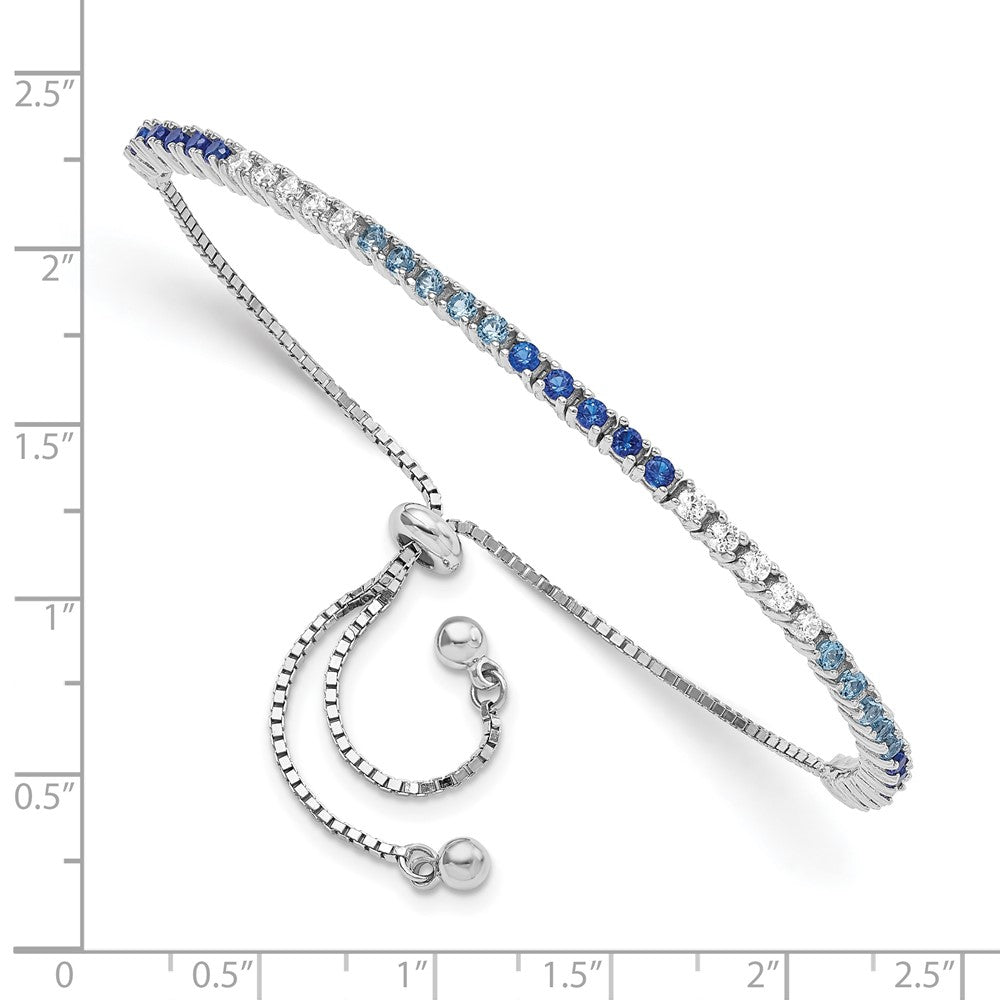 Sterling Silver Rhodium Created Blue Spinel & CZ Adjustable Bracelet QG5950
