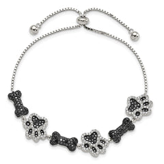 Sterling Silver Rhodium-plated CZ Paw Print & Dog Bone Adj Bracelet QG5955