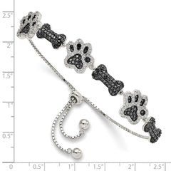 Sterling Silver Rhodium-plated CZ Paw Print & Dog Bone Adj Bracelet QG5955