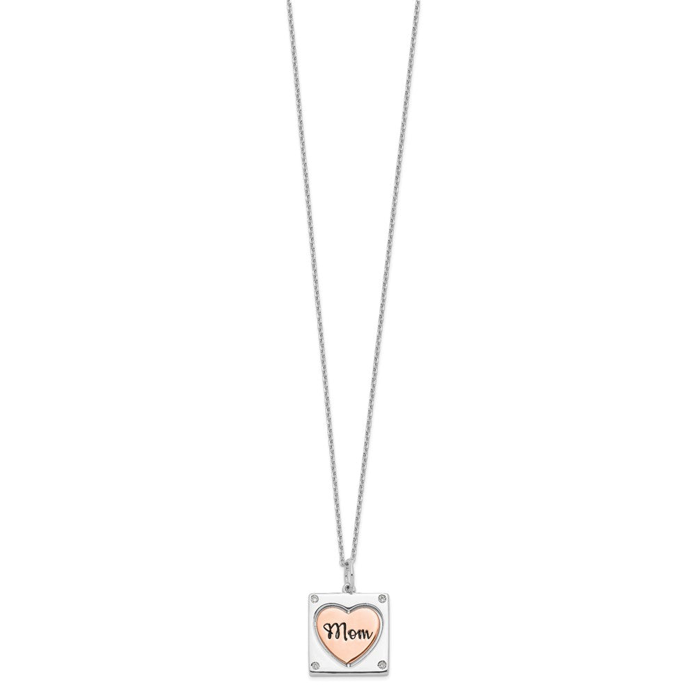 Sterling Silver RH-plated Rose-tone MOM/LOVE Heart Center Spins CZ w/2in ex QG6019-16