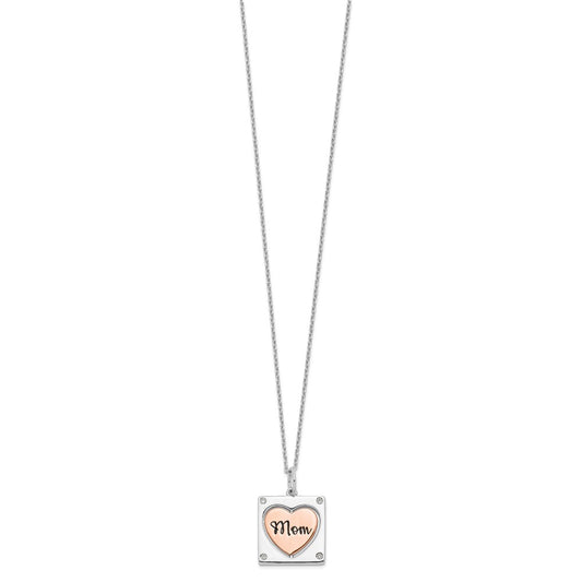 Sterling Silver RH-plated Rose-tone MOM/LOVE Heart Center Spins CZ w/2in ex QG6019-16