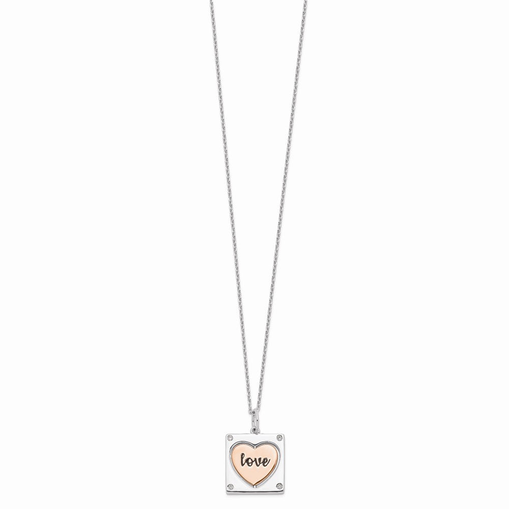 Sterling Silver RH-plated Rose-tone MOM/LOVE Heart Center Spins CZ w/2in ex QG6019-16