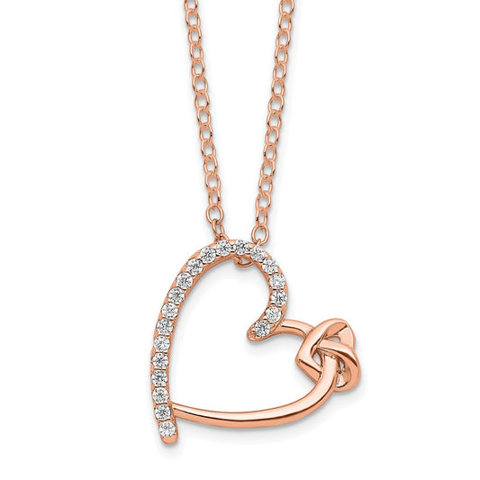 Sterling Silver Polished Rose-tone CZ Heart 18in Necklace QG6022-18