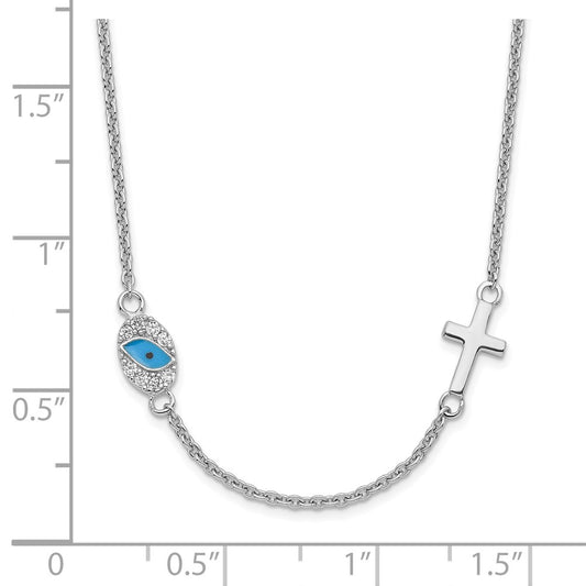 Sterling Silver RH CZ Enamel Cross w/Eye 16.5in w/2in ext Necklace QG6046-16.5