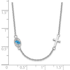 Sterling Silver RH CZ Enamel Cross w/Eye 16.5in w/2in ext Necklace QG6046-16.5