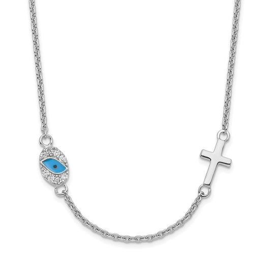 Sterling Silver RH CZ Enamel Cross w/Eye 16.5in w/2in ext Necklace QG6046-16.5